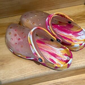 Womens Crocs — Pink, Yellow & White Tie-Dye